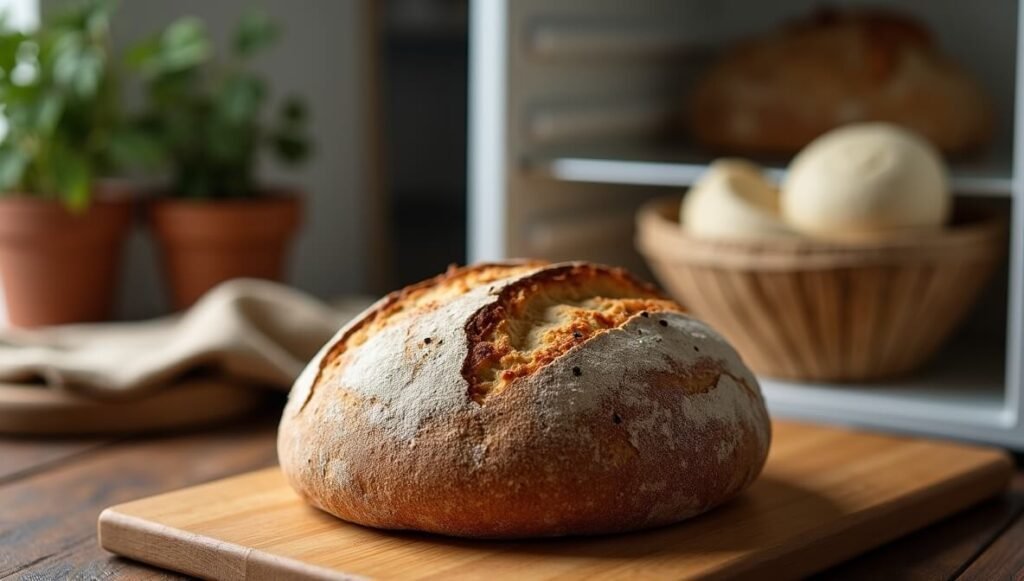 Freshly baked rustic bread loaf on a wooden board in a cozy kitchen setting.