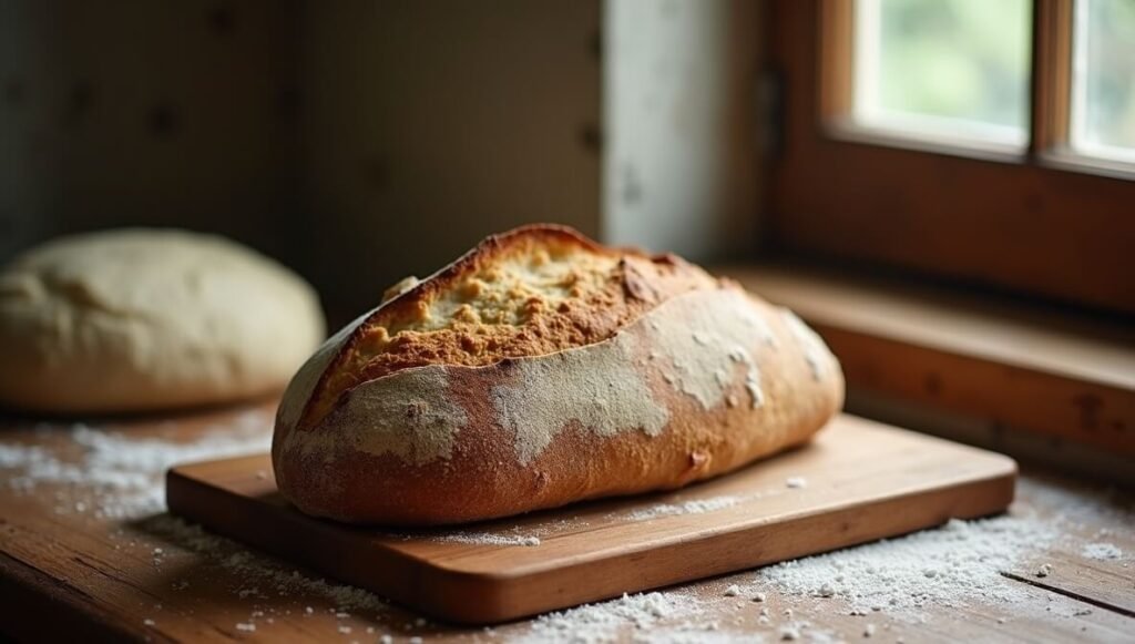 Freshly baked rustic bread loaf on a wooden board in a cozy kitchen setting.