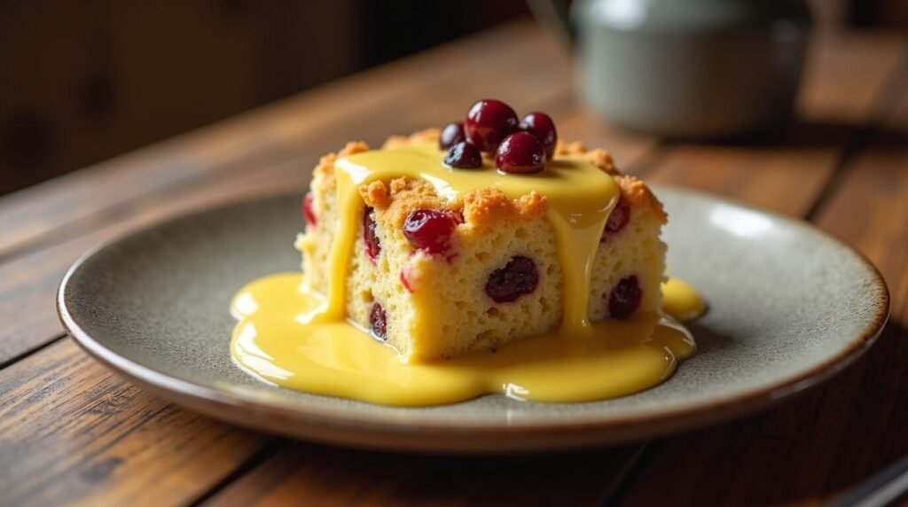 Slice of spotted dick pudding with cherries and creamy custard on a plate