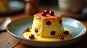 Spotted Dick steamed pudding topped with custard and berries on a plate.