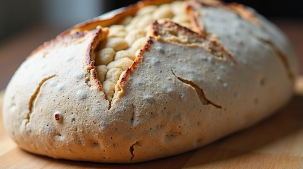 Close-up of a rustic sourdough loaf with cracked crust on a wooden surface.