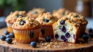 Bakery-style sourdough blueberry muffins with streusel topping and juicy blueberries