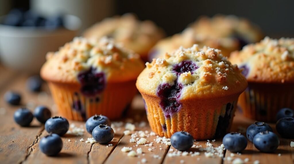 Bakery-style sourdough blueberry muffins with streusel topping on wooden table