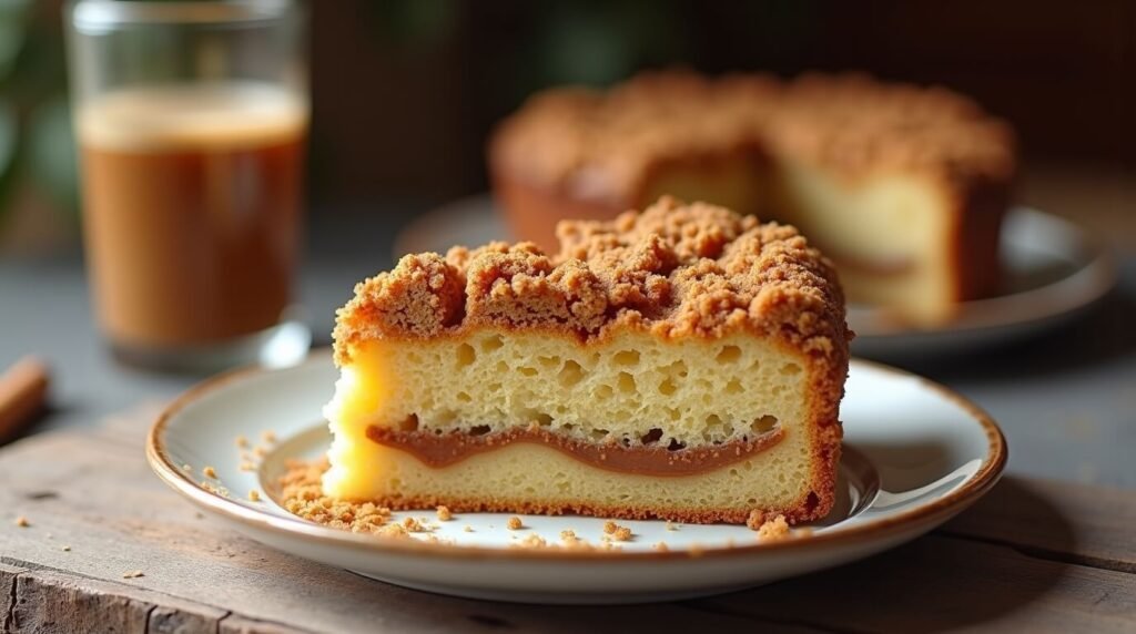 Slice of sourdough coffee cake on a rustic plate, thick golden crumbly streusel topping, visible cinnamon swirl layer in the moist cake, with a cup of coffee and whole cake in soft-focus background.