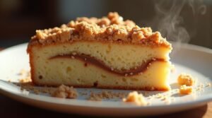Close-up of a slice of sourdough coffee cake on a white plate, featuring a thick, golden-brown crumbly streusel topping, a visible cinnamon swirl layer in the moist yellow cake, and light steam rising for a fresh-baked look.