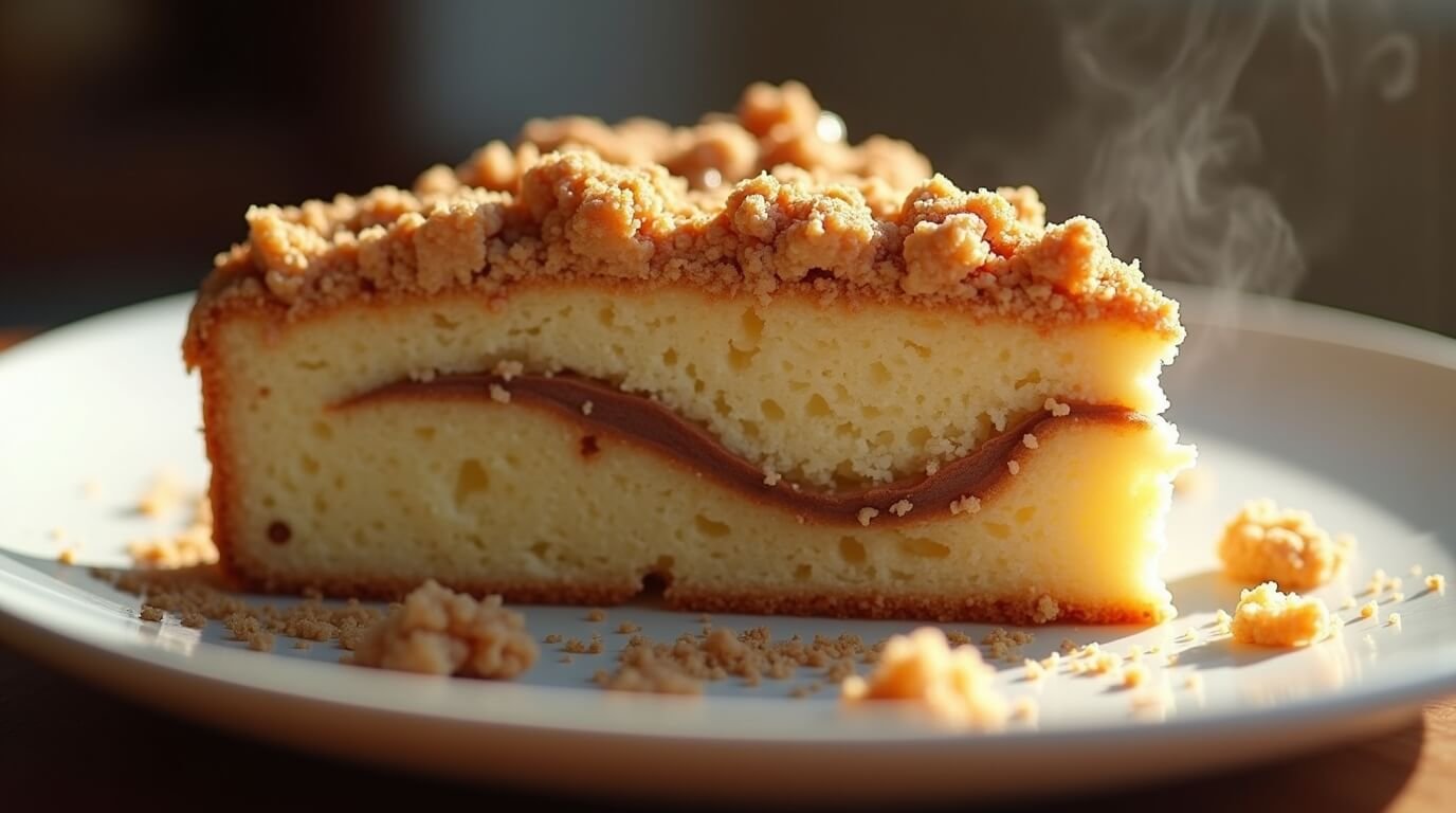 Close-up of a slice of sourdough coffee cake on a white plate, featuring a thick, golden-brown crumbly streusel topping, a visible cinnamon swirl layer in the moist yellow cake, and light steam rising for a fresh-baked look.